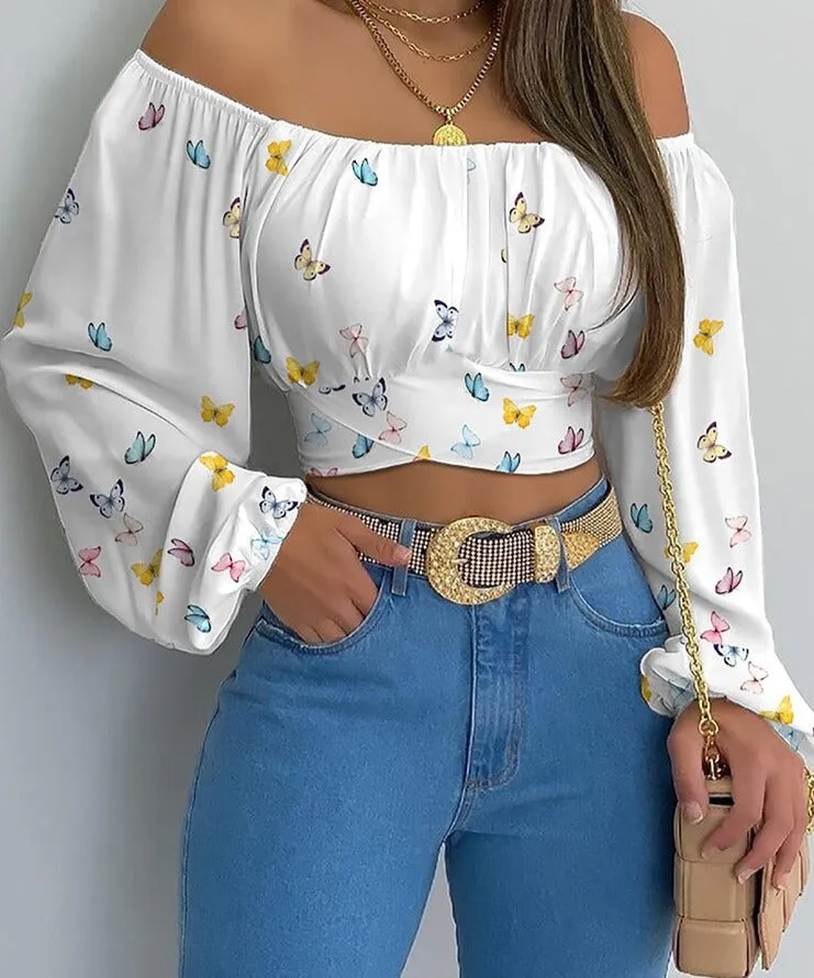 Wjczt Women Elegant Boho Print Blouse Casual Long Lantern Sleeve Off Shoulder Slim Shirt Female Chic Cropped Top Summer Tunics
