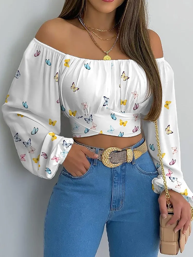 Wjczt Women Elegant Boho Print Blouse Casual Long Lantern Sleeve Off Shoulder Slim Shirt Female Chic Cropped Top Summer Tunics