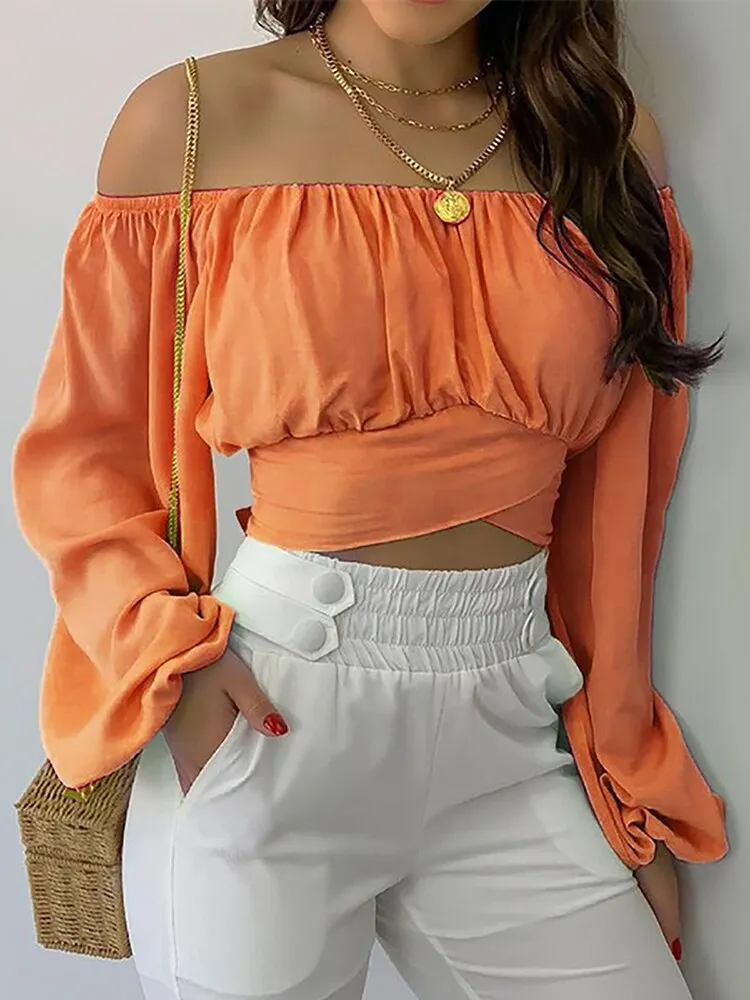 Wjczt Women Elegant Boho Print Blouse Casual Long Lantern Sleeve Off Shoulder Slim Shirt Female Chic Cropped Top Summer Tunics