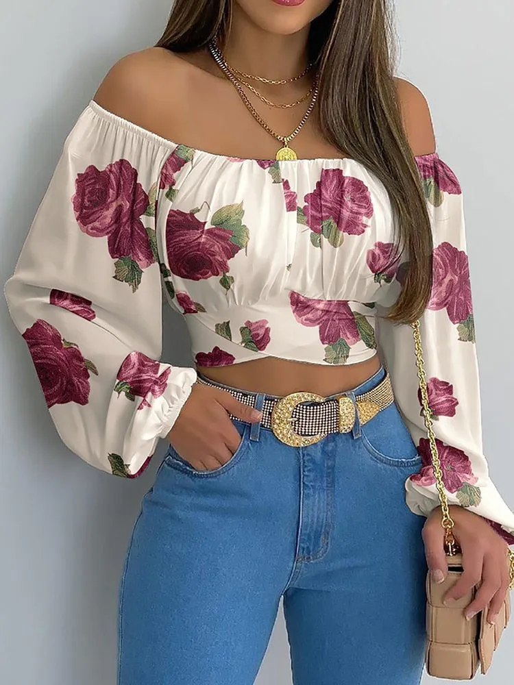 Wjczt Women Elegant Boho Print Blouse Casual Long Lantern Sleeve Off Shoulder Slim Shirt Female Chic Cropped Top Summer Tunics