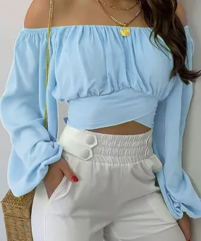 Wjczt Women Elegant Boho Print Blouse Casual Long Lantern Sleeve Off Shoulder Slim Shirt Female Chic Cropped Top Summer Tunics
